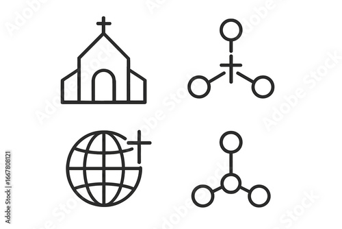 Church and network line icons set. Christian community and global mission symbols. Faith, worship, religion, and connection concepts. Minimalist vector icon pack for spirituality.