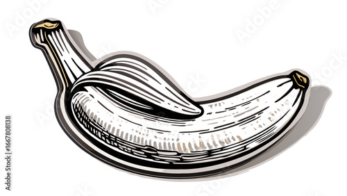 Illustration of a peeled banana with detailed black and white shading on a white background design style silhouette