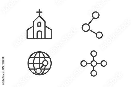 Church and network line icons set. Faith, religion, and connection symbols. Christian community, global ministry, online sharing concept. Minimalist vector illustration design.