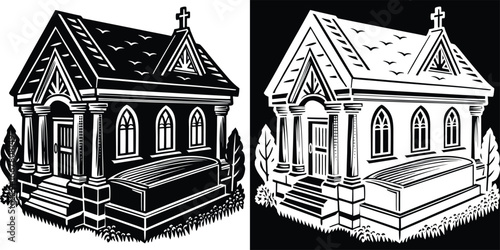 Gothic mausoleum with ornate details and a prominent cross, a solemn monument for eternal rest