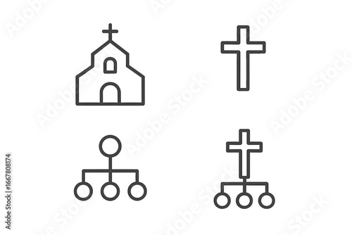 Church community network icon set. Christian faith, religious organization and connection symbols. Minimalist line art vector of cross, chapel and hierarchy structure.