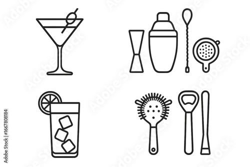 Cocktail and bar tools outline icons set. Linear mixology and bartender essentials. Vector illustration collection of shaker, jigger, strainer, spoon, glasses, bottle opener.