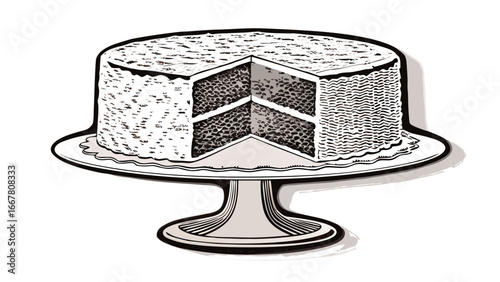 Illustration of a two layer cake with a slice taken out sitting on a pedestal cake stand design is black and white silhouette