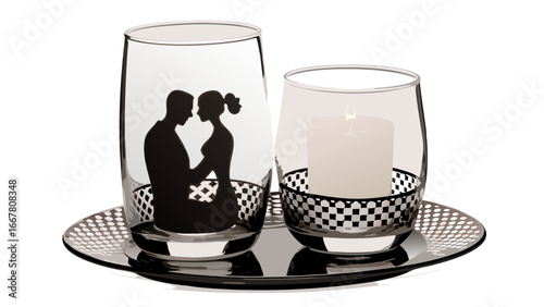 Two glass candle holders on a silver tray one with a couple silhouette and one with a candle inside it