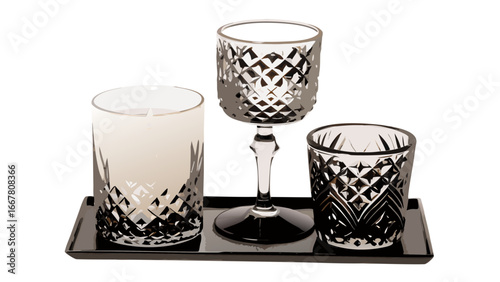 Arrangement of three decorative glass candle holders on a black tray with intricate diamond patterns design silhouette