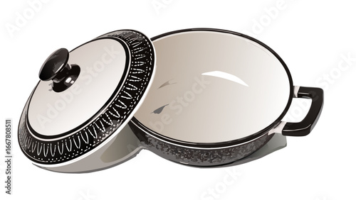 Illustration of a ceramic cooking pot with lid slightly ajar showing interior and handle detail present silhouette
