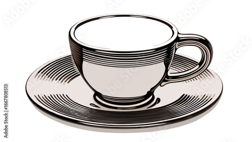 Illustration of a reflective teacup and saucer with a striped pattern on a white background style art silhouette