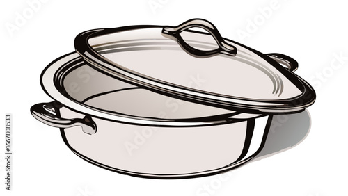 Illustration of a stainless steel cooking pot with a glass lid partially covering the pot edge silhouette