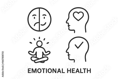 Emotional health outline icons. Mental wellness and psychology symbols. Mood disorder, bipolar face, meditation, positive thinking head. Self-care and therapy vector set.