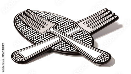 Two forks crossed over a plate with a dotted pattern in a black and white color scheme illustration silhouette