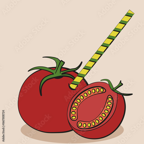 Modern tomato juice vector art. Vector illustration of hand drawn red tomatoes with straw on beige background. Perfect interior poster for cafe market. Fresh tomatoes juice concept. EPS 10