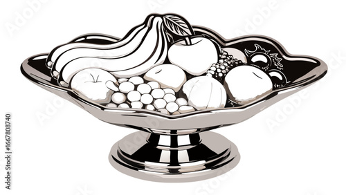 A shiny silver fruit bowl filled with bananas apples grapes and other fruits on a white background space silhouette