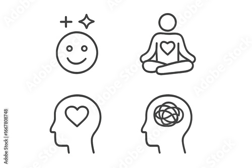 Emotional health outline icons. Mental wellness and mood symbols. Positive thinking, self-love, meditation. Stress, anxiety, confusion. Psychology and psychotherapy concept.