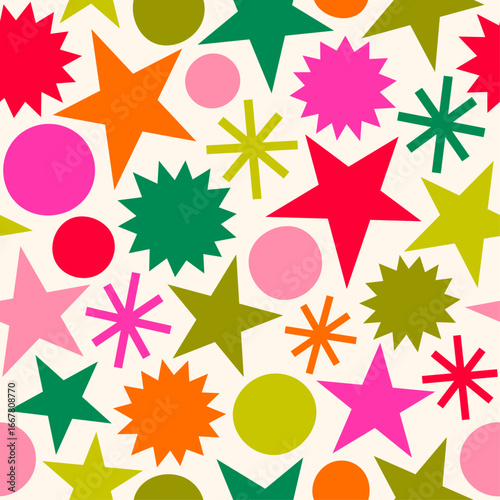 Colorful hand drawn star and circle seamless pattern design for Christmas and new year background.