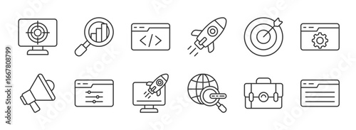 SEO Vector Icon Set Marketing, analytics, optimization, search, ranking, growth, keywords, rocket, traffic, coding, settings, strategy, target, results icons EPS 10
