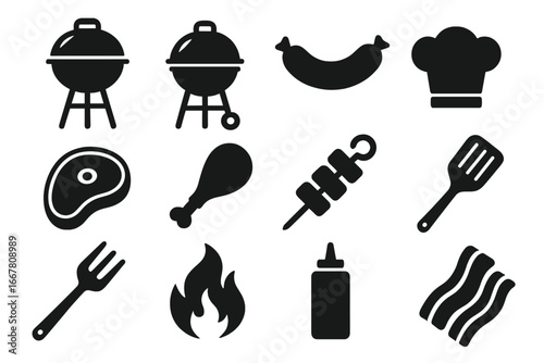 Barbecue grill food icon set. Vector silhouette collection of BBQ tools and meat. Includes steak, sausage, chicken, kebab, spatula, and chef hat for a summer picnic party.
