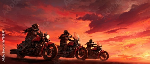 Three motorcyclists riding on open road du vibrant dramatic sunset with colorful sky and clouds