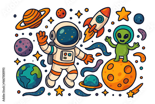 Cartoon space exploration set with astronaut, cute alien, rocket ship, and planets. Vector doodle collection of cosmic elements for kids. Funny galaxy character illustrations.