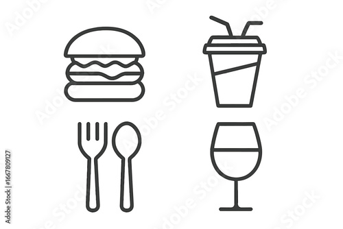 Food and drink outline icons set. Linear culinary and beverage symbols for restaurant menu, fast food delivery app, or cafe. Vector illustration of burger, soda, cutlery, wine.