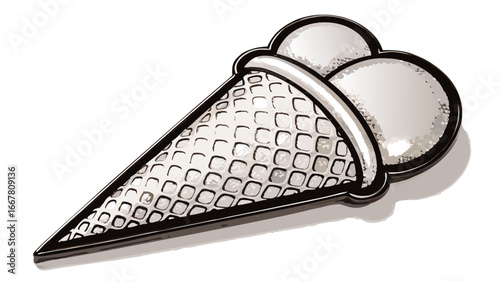 Illustration of a white ice cream cone with two scoops on a white background in a cartoon style art silhouette