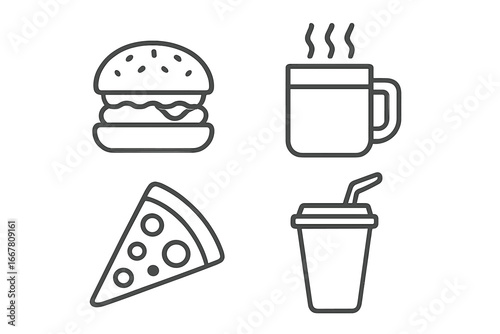 Fast food and drink outline icons set. Burger, pizza slice, coffee mug and soda cup symbols. Linear vector illustration for menu, restaurant, cafe or delivery service.