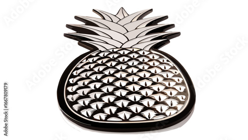 Close up of a black and white pineapple shaped object with a textured surface and white background silhouette