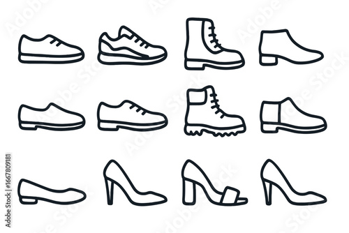 Footwear and shoes line icon set. Collection of vector outline symbols including sneakers, boots, high heels, sandals, and formal shoes. Men and women fashion concept.