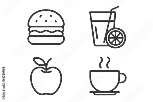 Food and drink outline icons set. Linear vector symbols for culinary concepts. Includes burger, juice, apple, and coffee illustrations for restaurant menu or mobile app design.