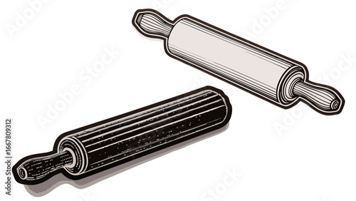 Two rolling pins one light and one dark with a black outline on a white background in a simple drawing silhouette