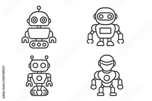 Robot outline icons set of 4. Linear vector symbols for AI and tech concepts. Futuristic android, bot, and cyborg pictograms for automation and machine learning. Vector illustration.