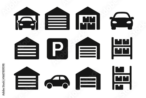 Garage and storage silhouette icon set. Vehicle parking and warehouse icons collection. Car, boxes on shelf, roller shutter door symbols. Vector logistic auto pictogram.