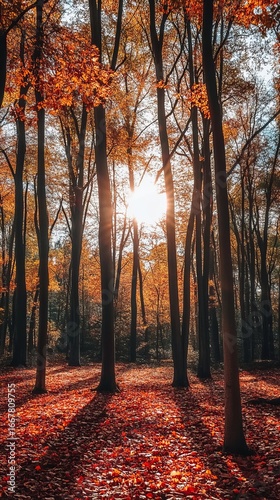 Autumnal forest scene with sunbeams