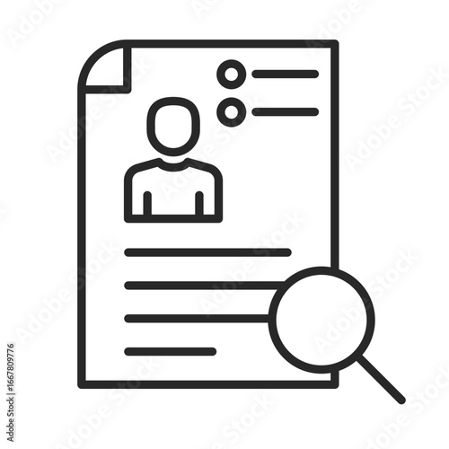 CV document line art icon with magnifying glass for business recruitment and employee profile analysis.