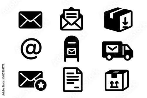 Mail and package delivery solid icon set. Postal communication, shipping, and logistics symbols. Vector glyph collection for e-commerce, web design, post, and email marketing.