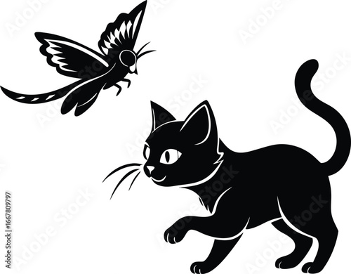 kitten chasing flying moth in mid air