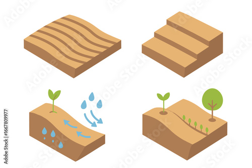 Soil conservation icon set for erosion control. Isometric vector icons of sustainable agriculture, contour plowing, terracing, land management and farming infographic elements.
