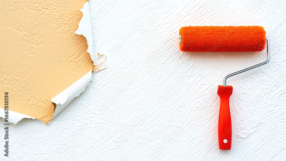 Obraz premium Orange paint roller on a white wall with peeling wallpaper