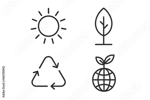 Nature and environment line icons set. Eco-friendly symbols for sustainability, green energy, and ecology. Vector outline illustrations of sun, leaf, recycling, and planet.