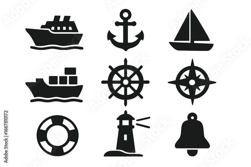 Nautical marine icon set with ship, boat, and navigation symbols. Vector silhouette collection of cruise and cargo ships, anchor, sailboat, rudder, compass, and lighthouse.