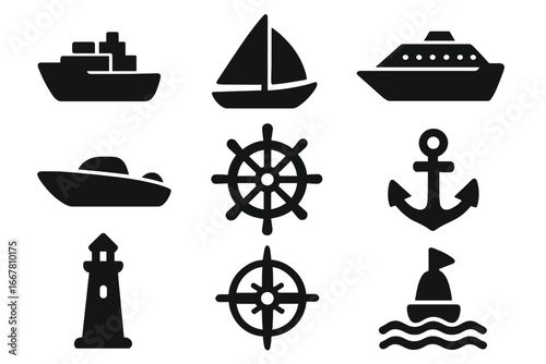 Nautical marine icon set with ship and boat silhouettes. Vector collection of maritime symbols like anchor, lighthouse, helm, and compass for navigation and sea travel design.