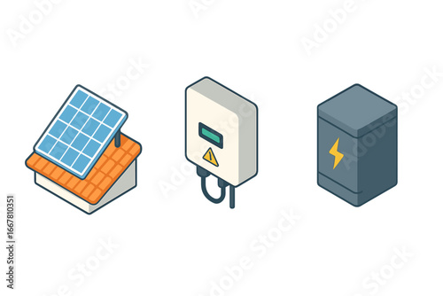 Isometric solar panel installation icon set. Vector of renewable energy elements. Rooftop solar panel, power inverter and battery storage system for green electricity concept.