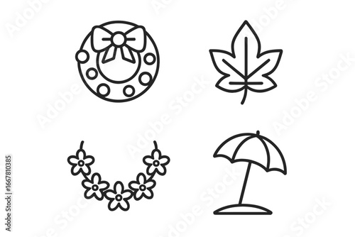 Four seasons icon set with winter, spring, summer, autumn symbols. Vector outline collection includes Christmas wreath, floral garland, maple leaf, beach umbrella. Holiday and nature concept.