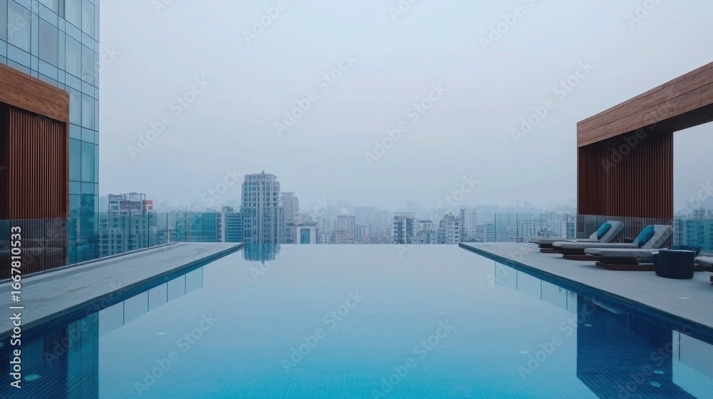Fototapeta premium Modern Infinity Pool Overlooking Cityscape on a Foggy Day in Urban Environment
