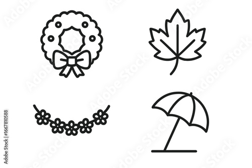 Four seasons icon set. Winter wreath, spring floral garland, summer beach umbrella, autumn leaf. Vector line art illustration for seasonal holidays and weather concepts.