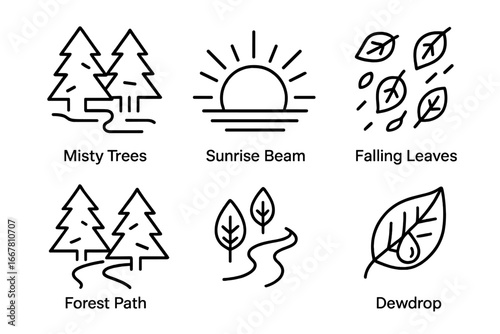 Seasonal scenery vector line icons. Minimalist graphic set including misty forest, sunrise, autumn leaves, park path, and morning dewdrop. Clean nature symbols.