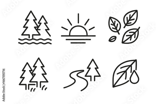 Nature line icon collection. Forest tree on water, sunrise, autumn leaf, pine trees, hiking trail, dewdrop. Vector outline symbol set for ecology, travel, seasons, weather.