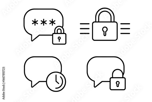 Secure messaging vector icon set. Line art symbols for cybersecurity, data encryption, privacy, password protection, disappearing chat, and private communication concept.