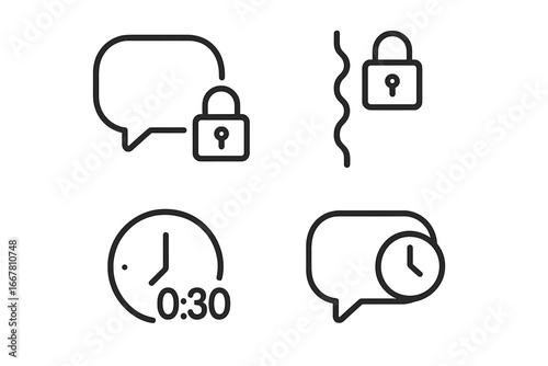 Secure messaging icon set. Vector outline symbols for privacy and security. Encrypted chat, private channel lock, disappearing message timer for ephemeral communication UI.