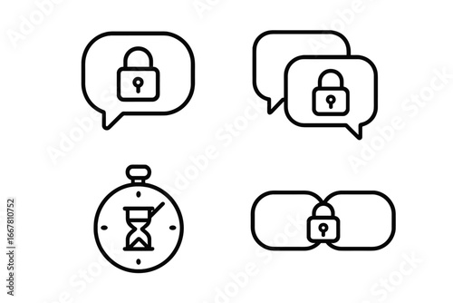 Secure messaging vector icon set. Outline symbols for cybersecurity and data privacy. Encrypted chat bubble, private communication, disappearing message timer, secure channel lock.