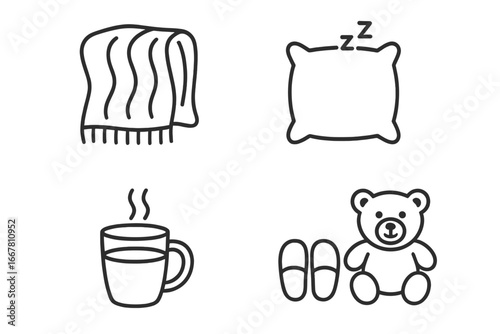 Sleepy time icons set. Bedtime routine outline pictograms. Cozy blanket, plush pillow, warm milk mug, teddy bear, and slippers. Vector symbols for relaxation and rest.